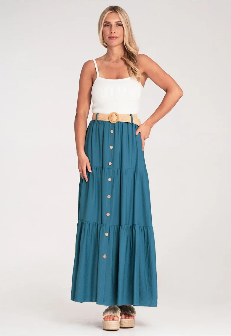 Fusta maxi  bleumarin, cu nasturi si volane, din bumbac, cu talie elastica,