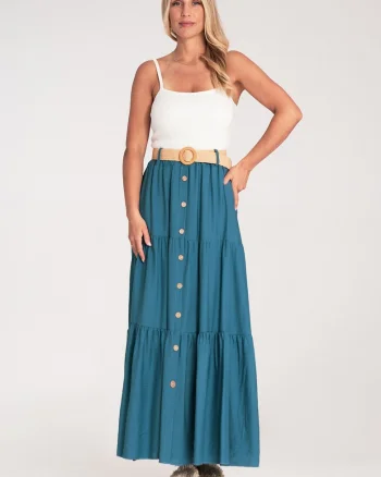 Fusta maxi  bleumarin, cu nasturi si volane, din bumbac, cu talie elastica,
