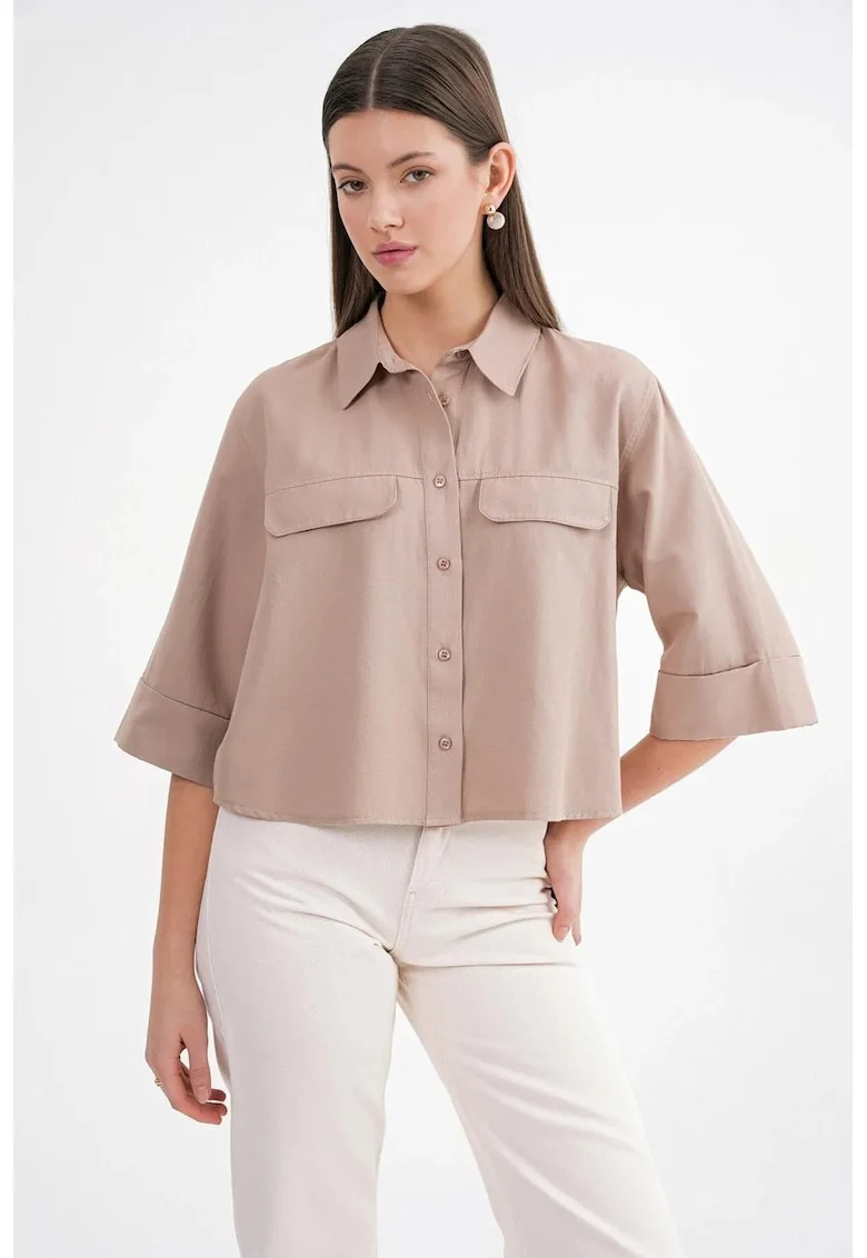 Camasa dama,  scurta din poplin, bumbac, maro camel