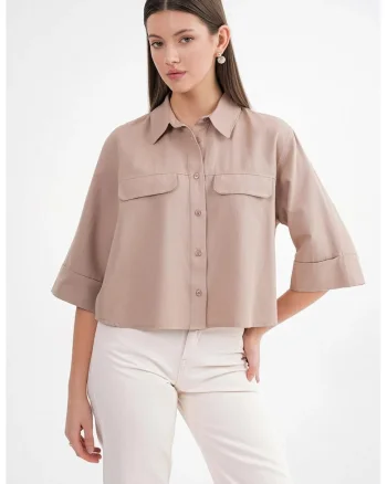 Camasa dama,  scurta din poplin, bumbac, maro camel