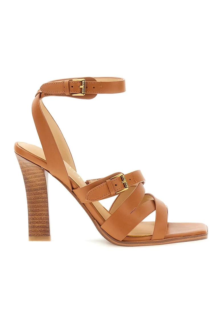 Sandale din piele cu catarame duble, Caramel
