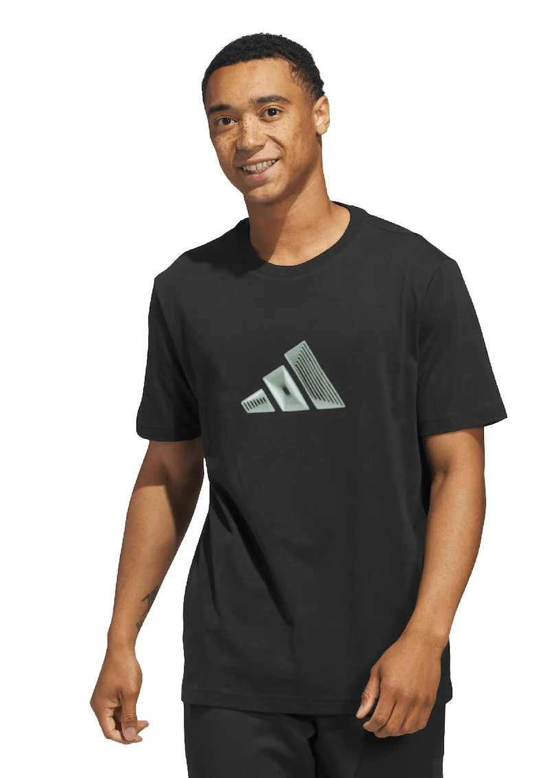 Tricou cu decolteu la baza gatului si imprimeu logo pe partea din fata, Negru