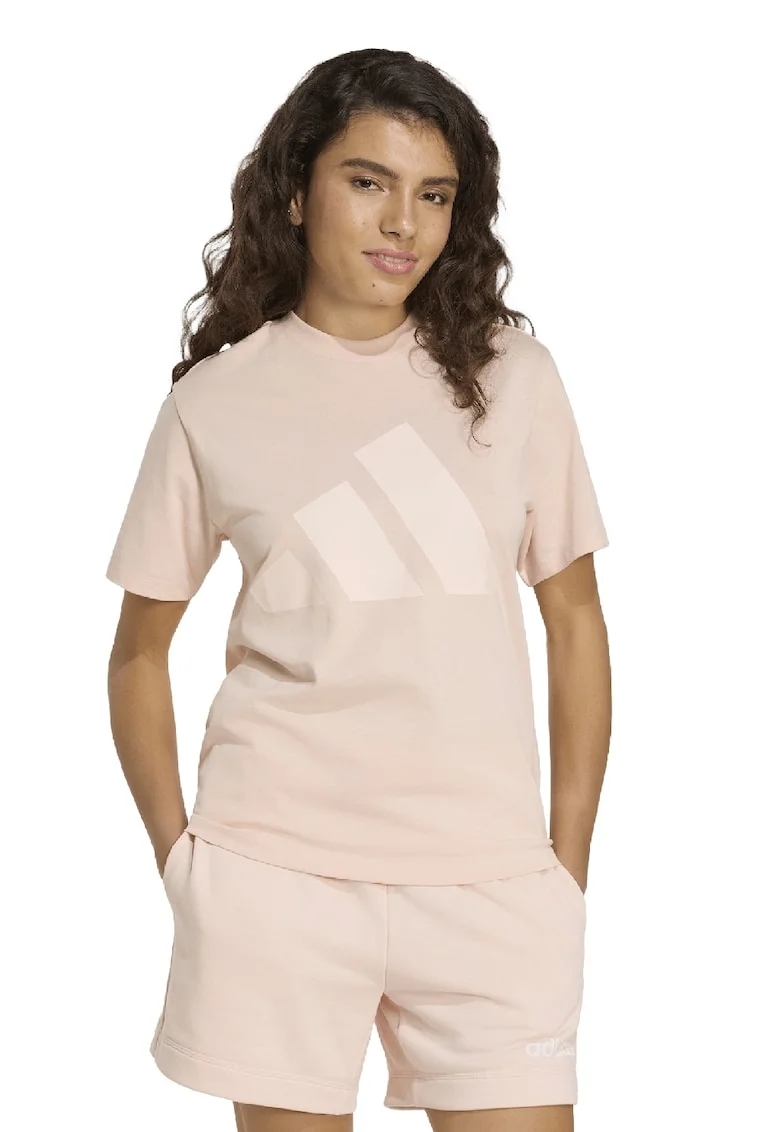 Tricou de bumbac cu decolteu la baza gatului si logo, Piersica