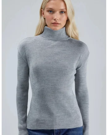 Pulover dama,  guler tip maleta, gri deschis, tricot, One Size