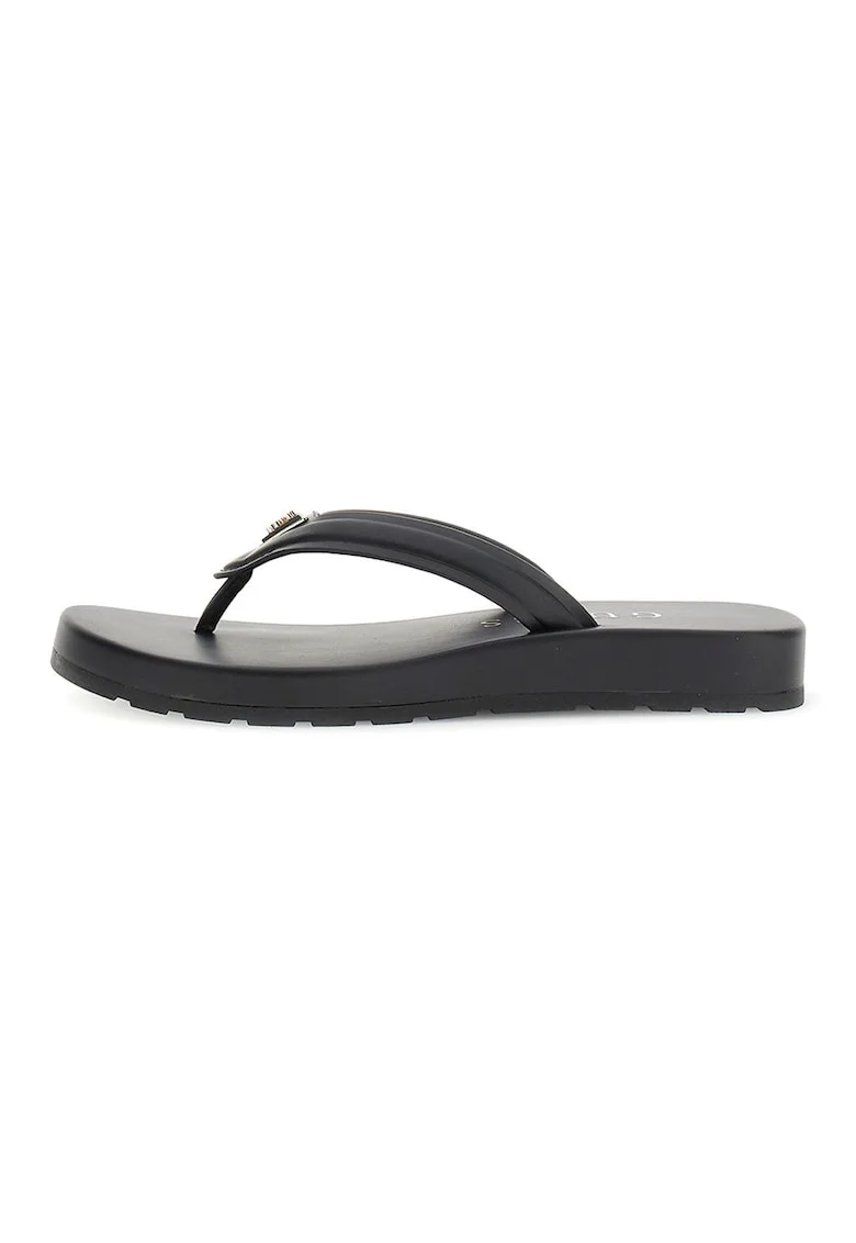 Papuci flip-flop din piele ecologica cu aplicatie cu logo, Negru