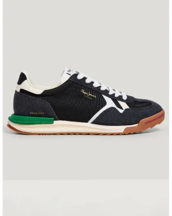 Pantofi sport de piele intoarsa si material textil cu sireturi, Alb/Verde/Gri antracit