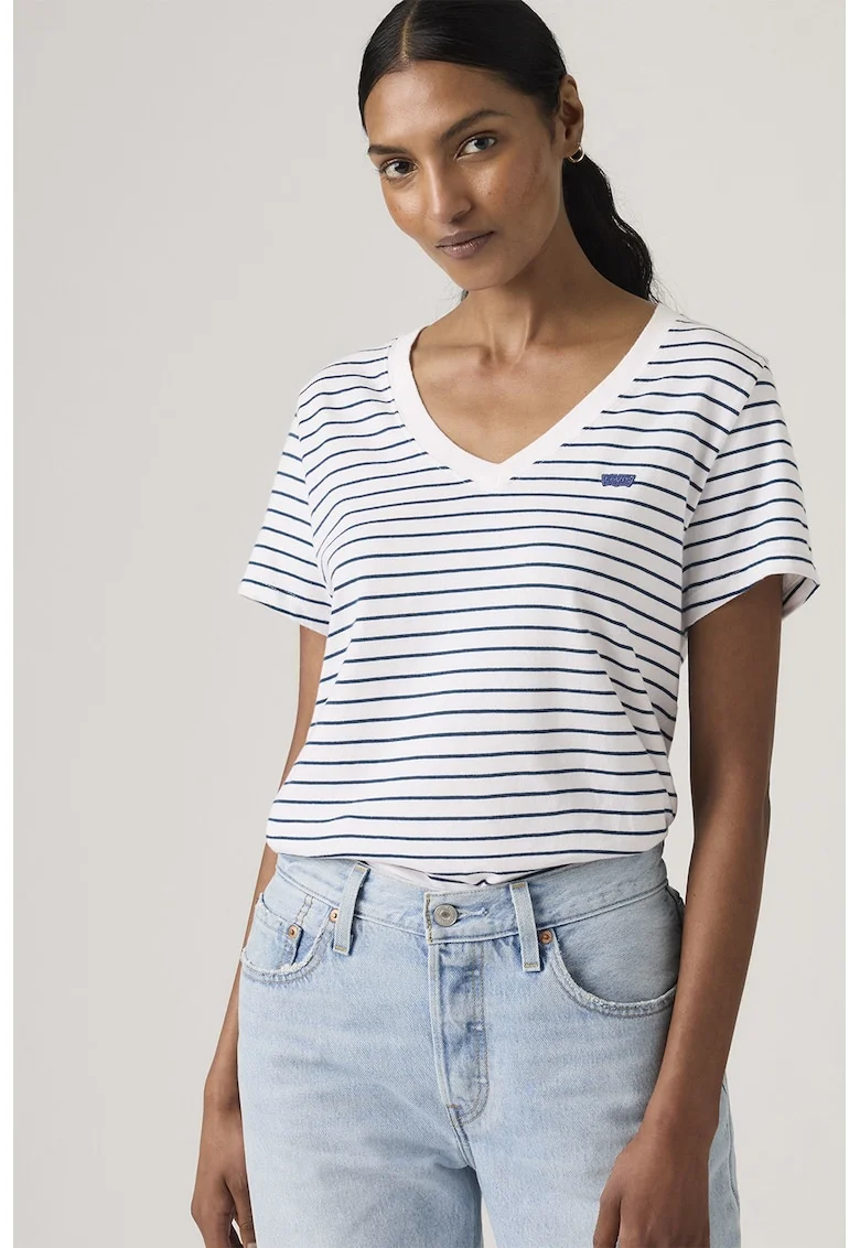Tricou cu decolteu in V si detaliu logo, Alb/Albastru