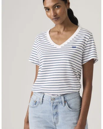 Tricou cu decolteu in V si detaliu logo, Alb/Albastru