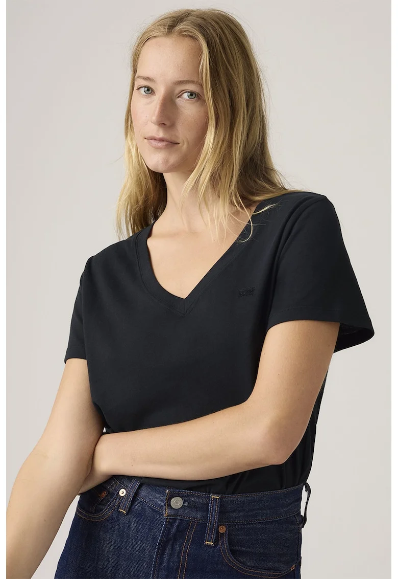 Tricou cu decolteu in V si detaliu logo, Negru