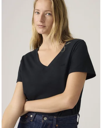 Tricou cu decolteu in V si detaliu logo, Negru