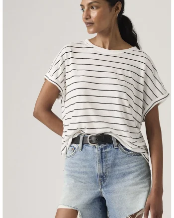 Tricou lejer din amestec de in, Alb/Bleumarin