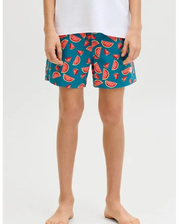 Pantaloni scurti de baie cu model cu fructe, Rosu/Albastru petrol