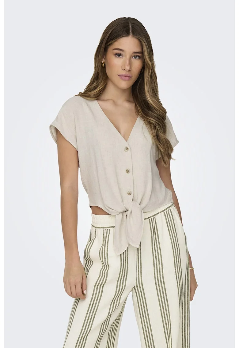 Camasa crop din amestec de in cu nod, Maro nisip