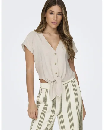 Camasa crop din amestec de in cu nod, Maro nisip