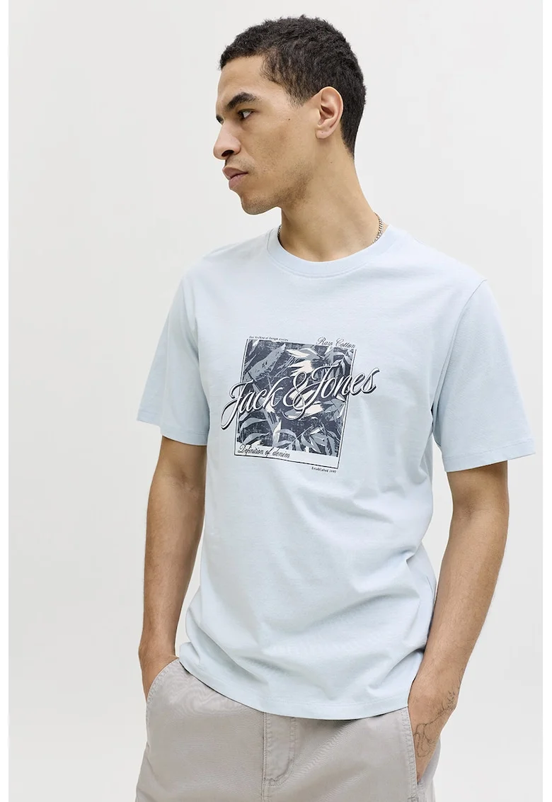 Tricou de bumbac cu imprimeu grafic si logo, Albastru azur
