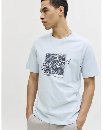 Tricou de bumbac cu imprimeu grafic si logo, Albastru azur