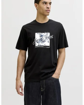 Tricou de bumbac cu imprimeu grafic si logo, Negru