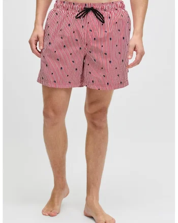 Pantaloni scurti de baie cu model si buzunare, Rosu/Alb
