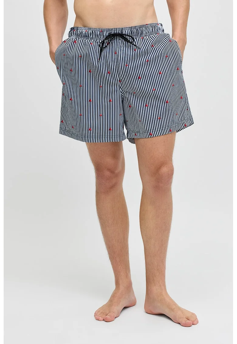 Pantaloni scurti de baie cu model si buzunare, Alb/Bleumarin