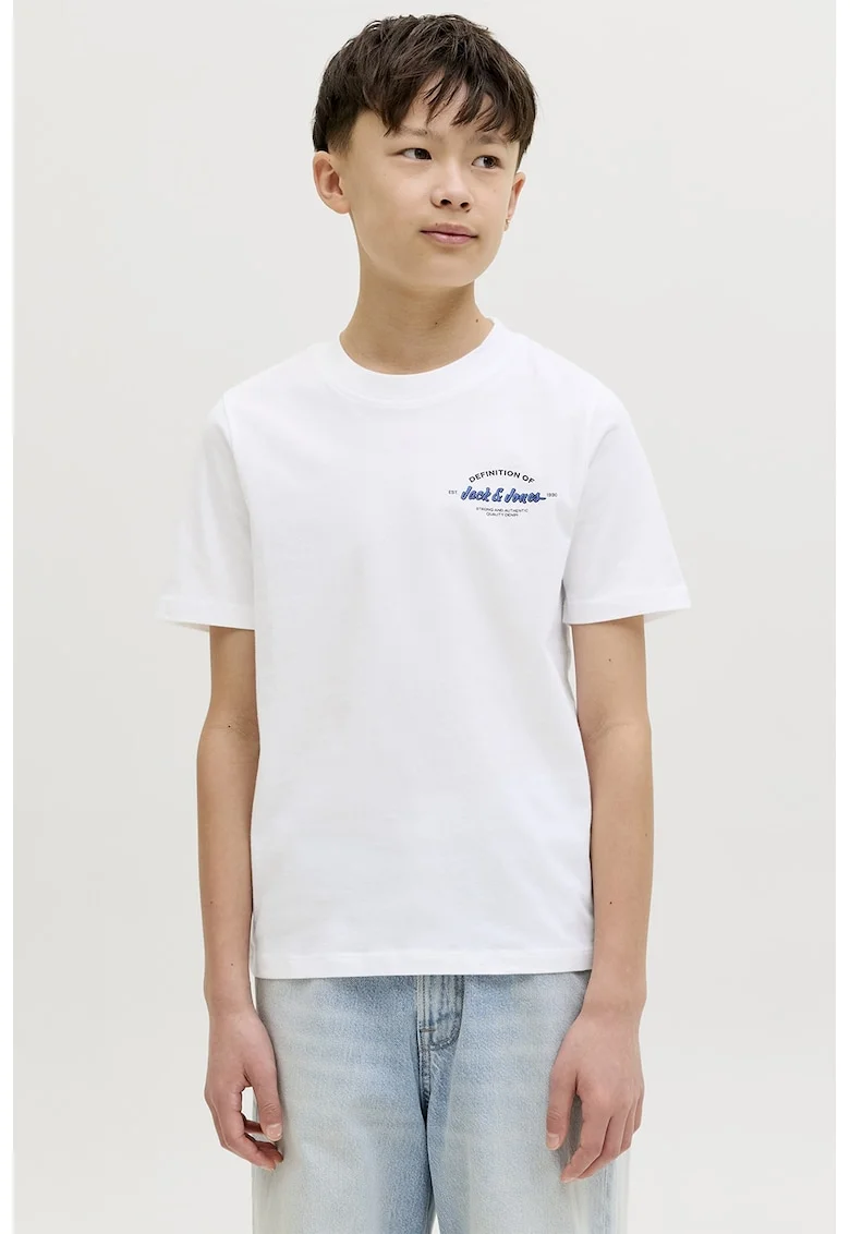 Tricou cu decolteu la baza gatului si logo, Albastru inchis/Alb optic