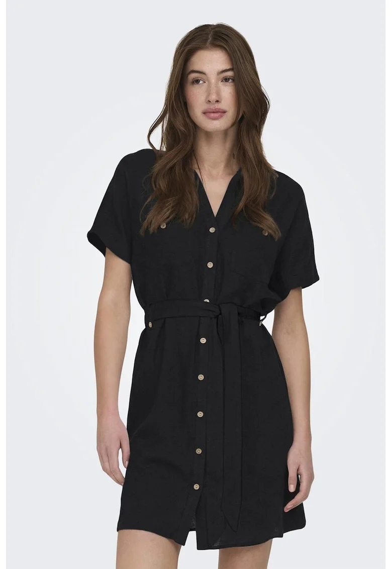 Rochie-camasa din amesec de in cu maneci scurte, Negru
