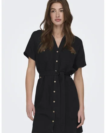 Rochie-camasa din amesec de in cu maneci scurte, Negru