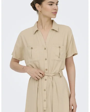 Rochie-camasa din amesec de in cu maneci scurte, Bej deschis