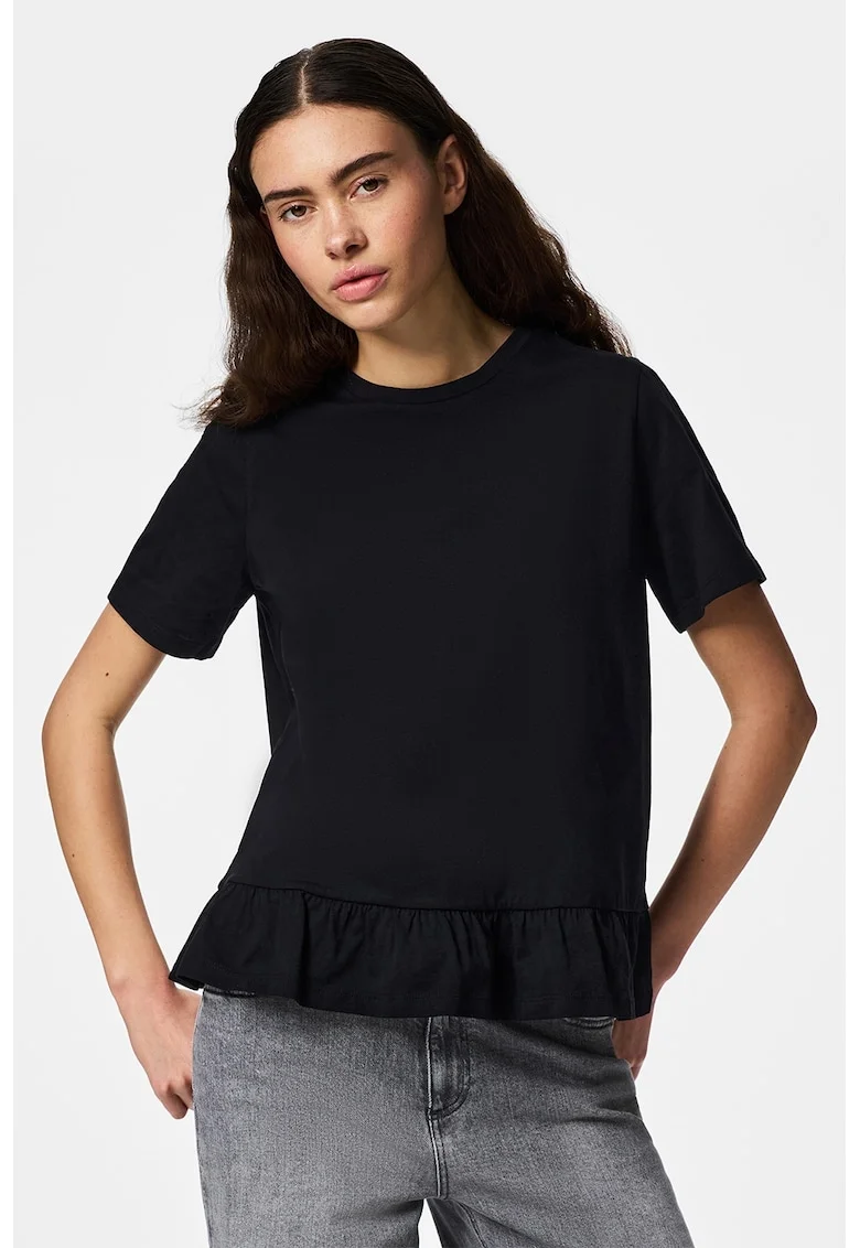 Tricou din bumbac organic si bumbac cu terminatie cu volane, Negru