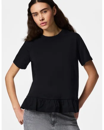 Tricou din bumbac organic si bumbac cu terminatie cu volane, Negru