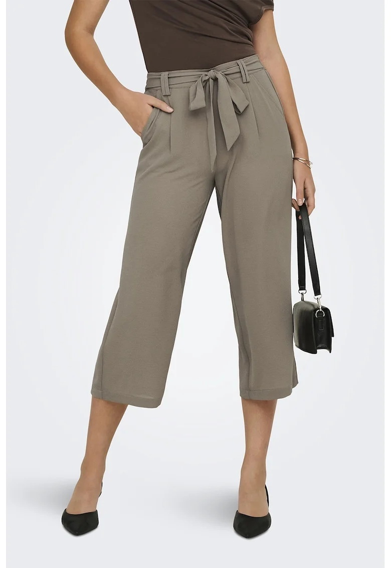 Pantaloni crop cu talie inalta, Maro taupe