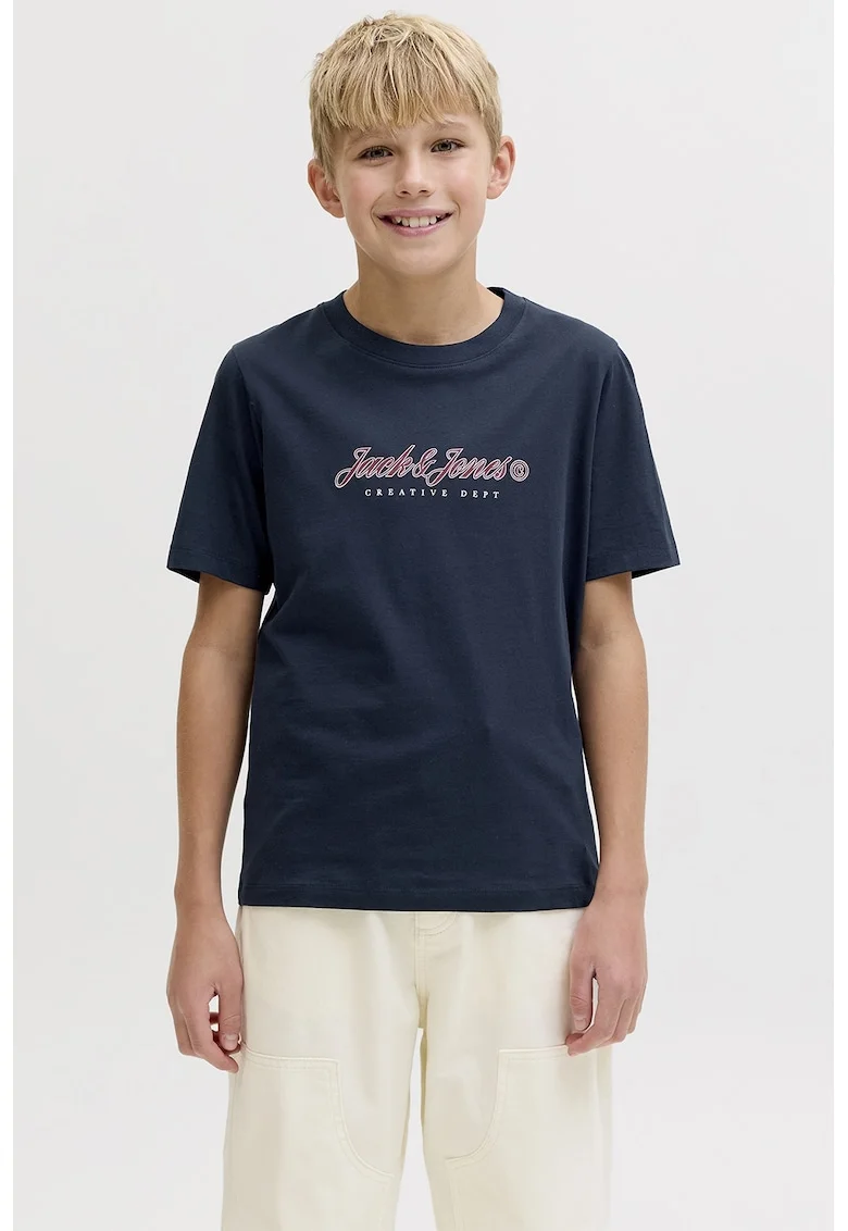 Tricou din bumbac organic cu logo pe piept, Albastru inchis