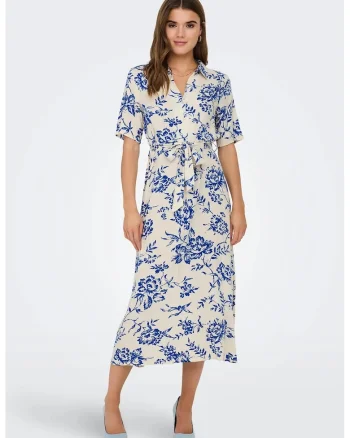 Rochie-camasa cu imprimeu si cordon in talie, Albastru royal/Alb optic