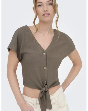 Camasa crop din amestec de in cu nod, Maro taupe