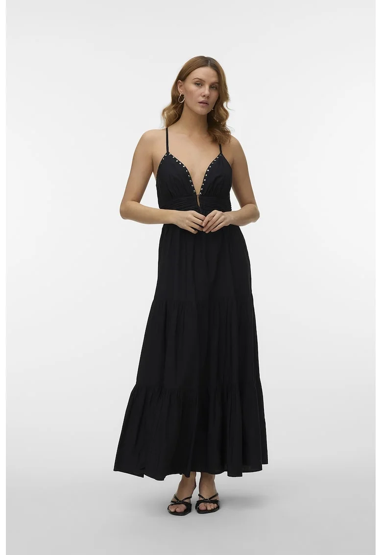 Rochie maxi cu model stratificat si tinte, Negru