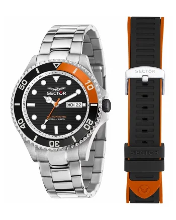 Ceas rotund automatic, Argintiu/Negru/Portocaliu