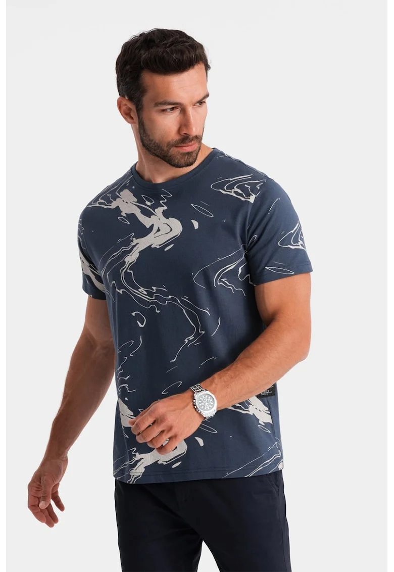 Tricou cu decolteu la baza gatului si model tie-dye, Bleumarin