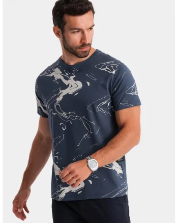 Tricou cu decolteu la baza gatului si model tie-dye, Bleumarin