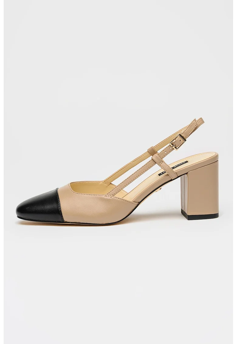 Pantofi de piele cu aplicatie cap-toe si toc masiv Esora, Negru/Bej inchis