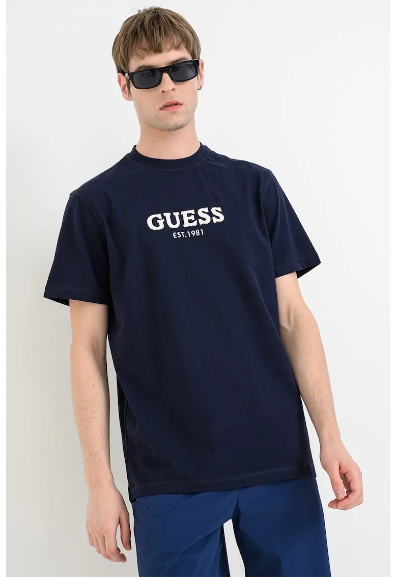 Tricou cu logo brodat si decolteu la baza gatului, Albastru ultramarin