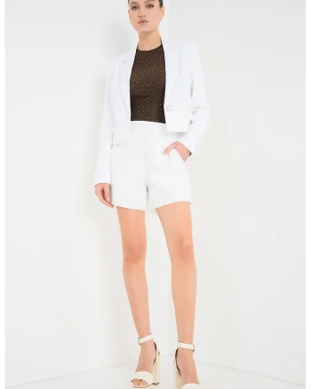 Sacou crop cu model uni si buzunare cu clapa, Alb murdar