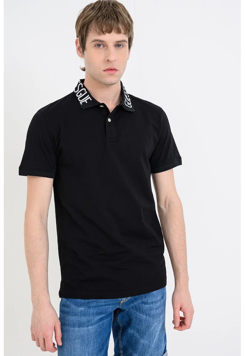 Tricou polo cu croiala slim-fit si guler cu logo, Negru