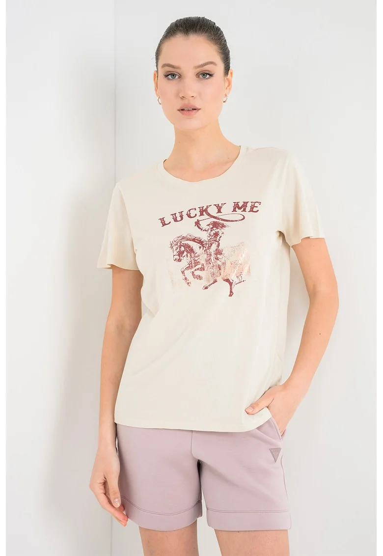 Tricou din bumbac si modal cu imprimeu, Bej deschis
