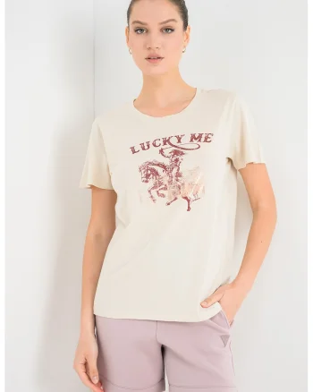 Tricou din bumbac si modal cu imprimeu, Bej deschis