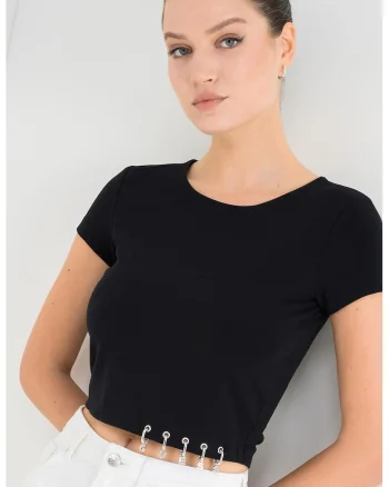 Tricou crop cu design logo metalic, Negru