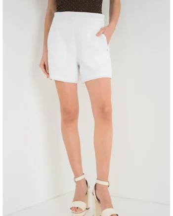 Pantaloni scurti cu model uni si talie inalta, Alb murdar