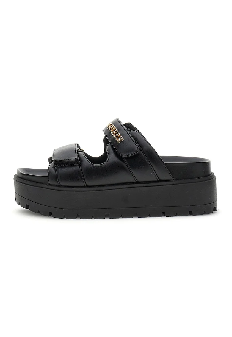 Papuci din piele ecologica cu talpa wedge, Negru