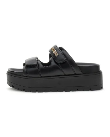 Papuci din piele ecologica cu talpa wedge, Negru