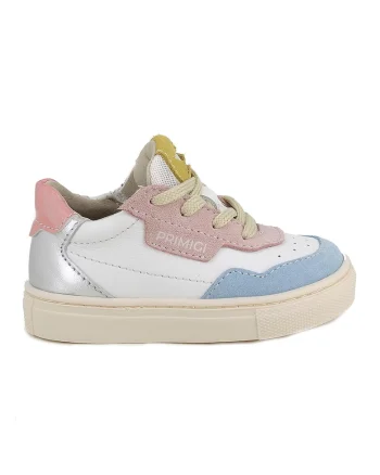 Pantofi sport din piele si piele intoarsa cu segment cu perforatii, Alb/Roz prafuit/Albastru/Argintiu