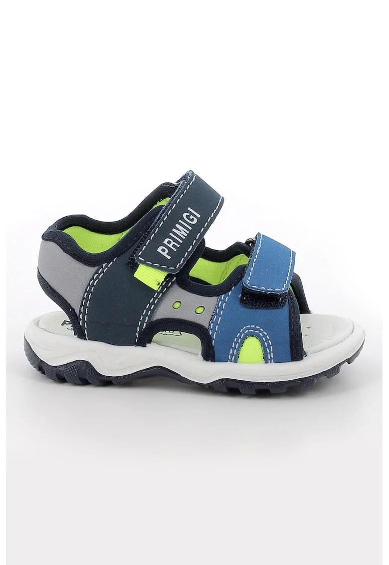 Sandale din piele ecologica cu inchidere velcro, Gri/Albastru royal/Verde lime