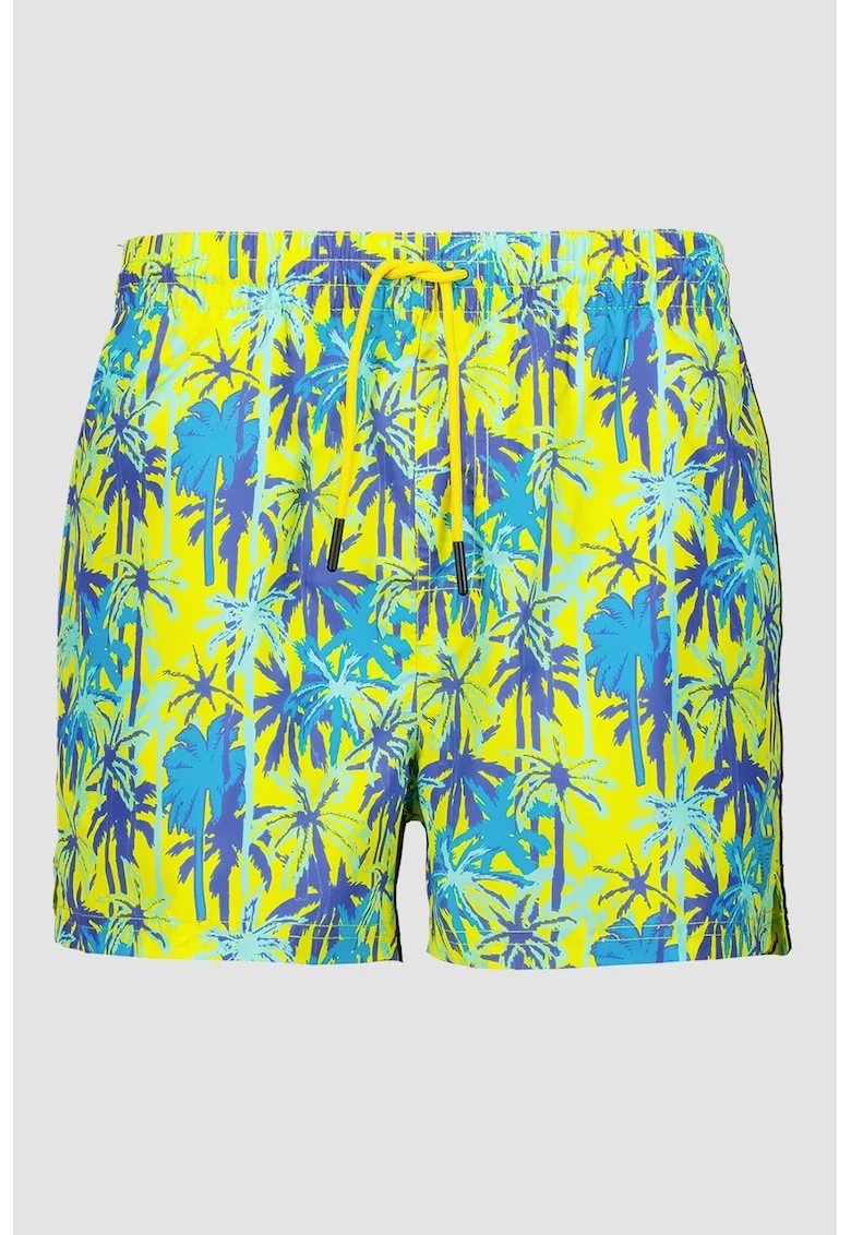 Pantaloni scurti de baie cu model si snur in talie, Galben/Bleumarin
